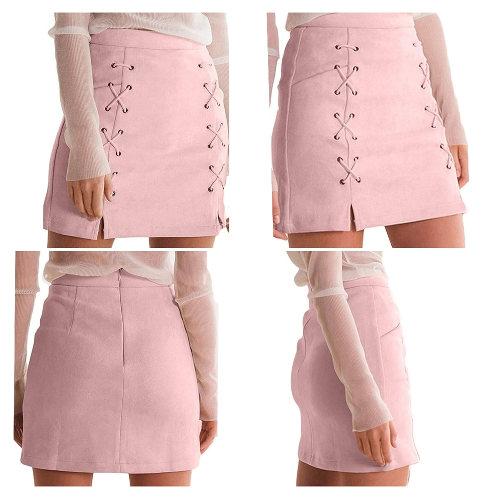 High Waist Lace Up Bodycon Faux Suede A Line Mini Pencil Skirt